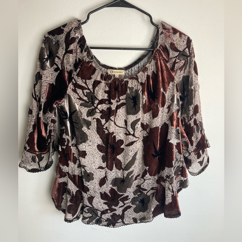 Women’s Top Size Small Sheer Velvet Dark Floral Whimsigoth Cottage Lace Detail